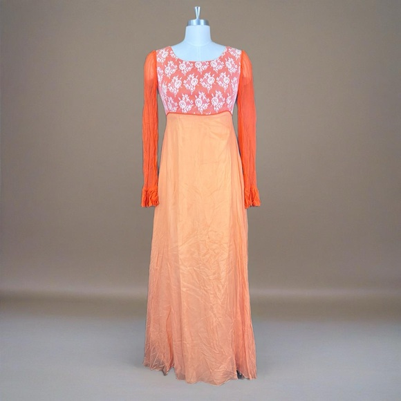 Vintage Dresses Vintage 6s70s Orange Creamsicle Lace Maxi Dress